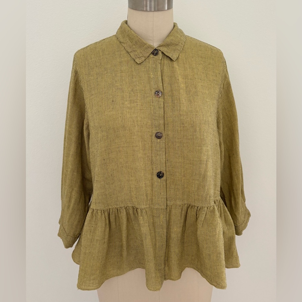 Kleen Peplum Cropped Top Linen Blend Light Chartreuse Subtle Black Stripe M